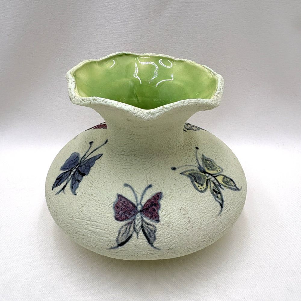Vintage Hand Painted Textured Green Ceramic Artisan Vase With Butterflies